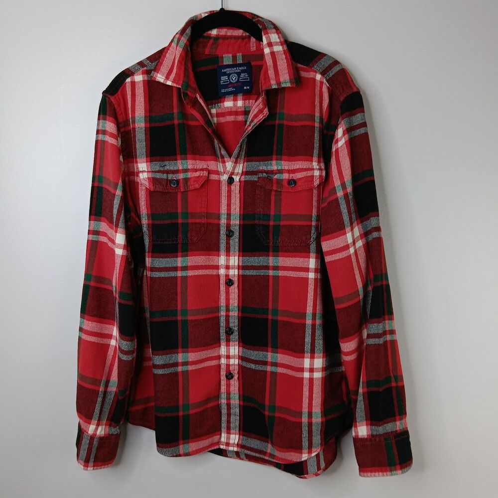 American Eagle Flannel Men's Size Medium Button Red Plaid Classic Lumberjack